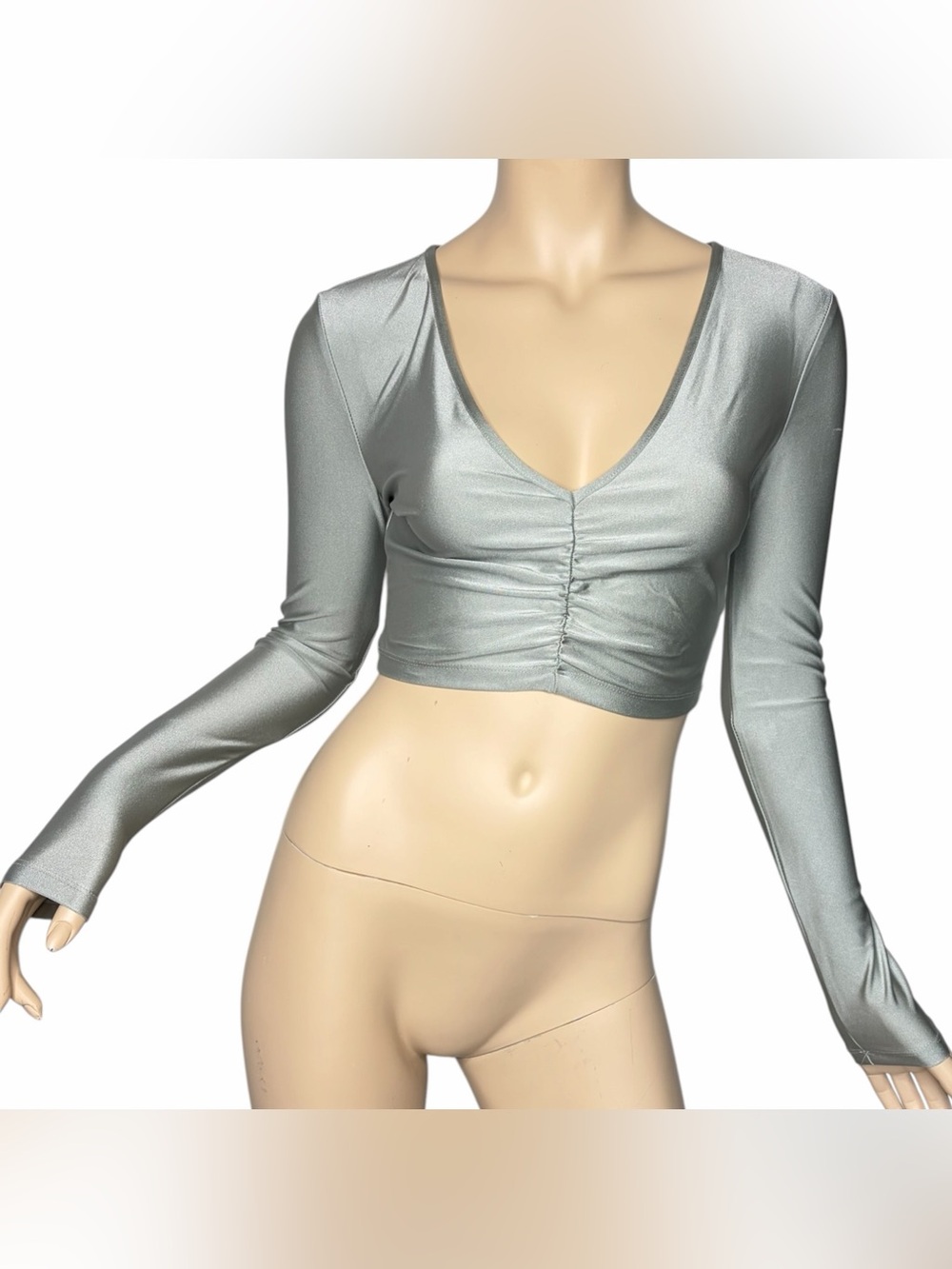 Revamped Silver Shine Long Sleeve Ruched V Neck Crop Top Stretchy Size XS